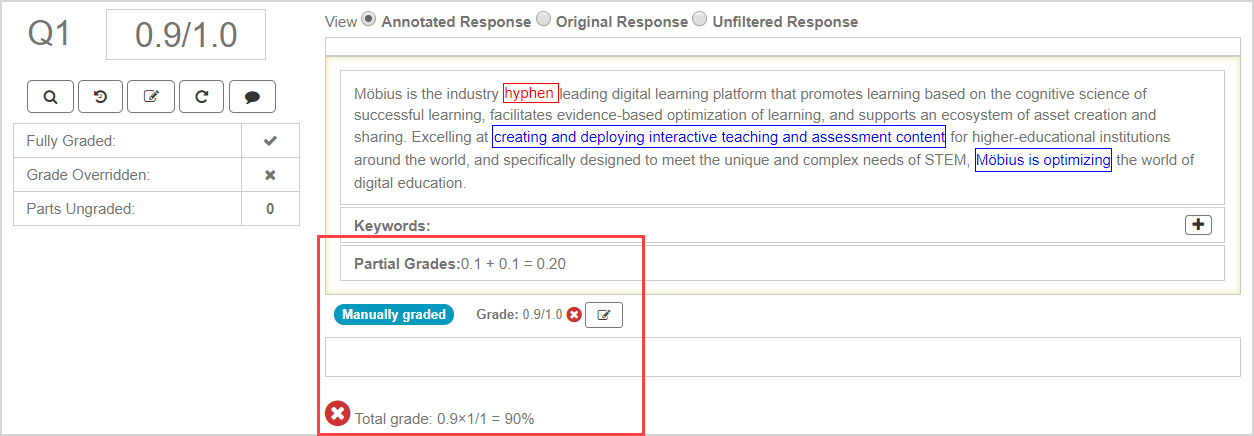 The graded annotation values and the manually entered part grade value are highlighted.